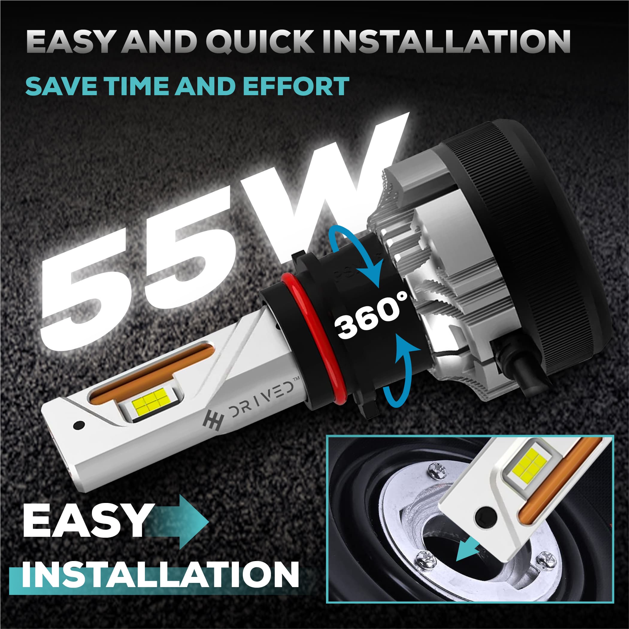 Mechanic or driver installing plug-and-play DRIVED LED headlight bulb without vehicle modifications