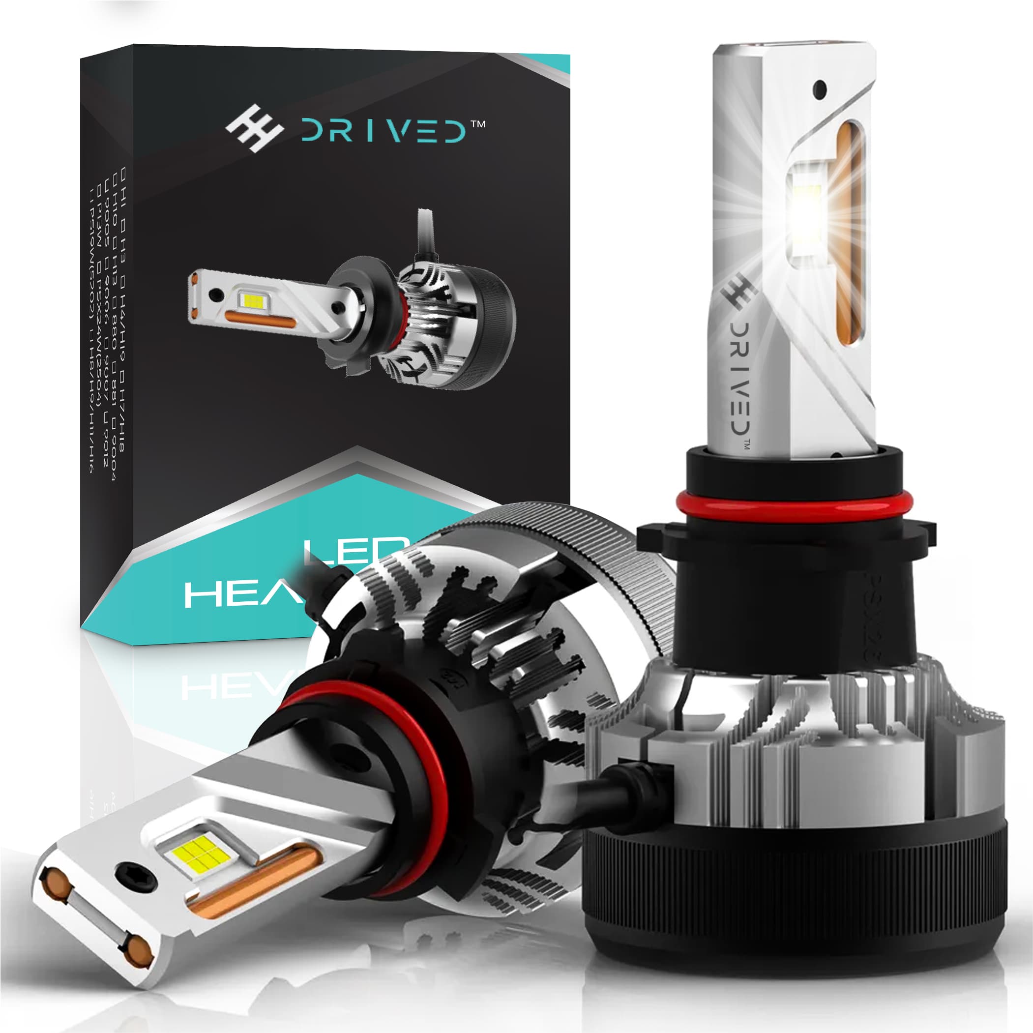 DRIVED premium LED headlight bulb product shot showing lens and heatsink for automotive upgrade